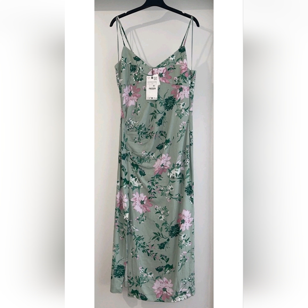 Zara Sage Green Floral Slip Dress with Pink Blooms